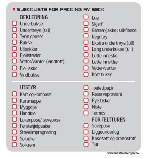 pakke sekk sjekkliste pakke sekk sjekkliste